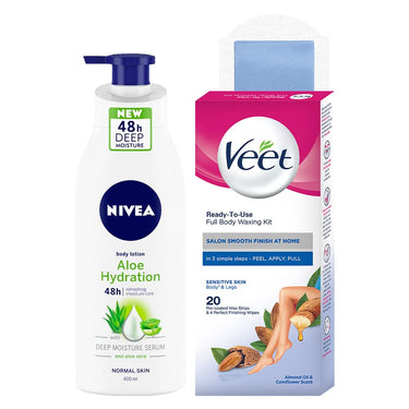 NIVEA Body Lotion, Aloe Hydration, with Aloe Vera, for Men & Women, 400 ml + Veet Full Body Waxing Kit - Sensitive Skin (20 strips)